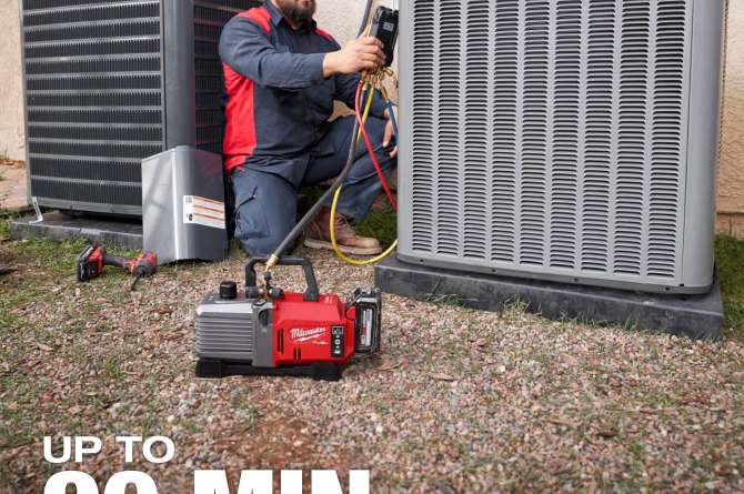 Image of Milwaukee charger as a man fixes an air conditioner unit