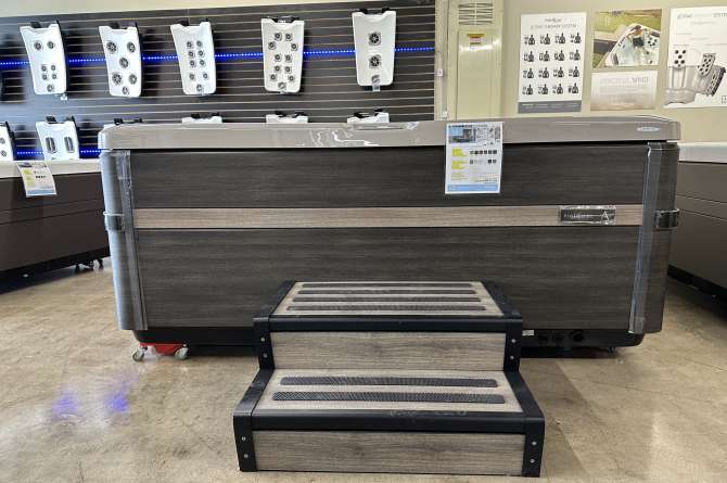 Bullfrog Spas A8 Series front view in a showroom.