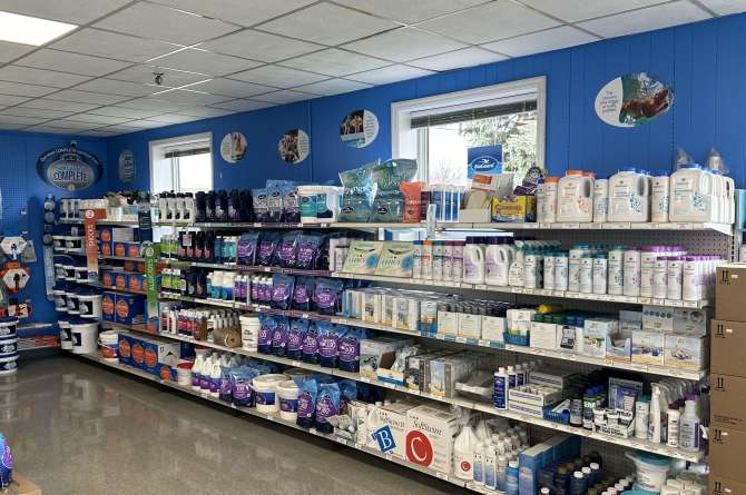 Various pool and spa chemicals arranged nicely for a store.
