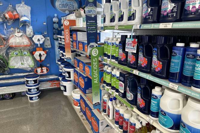 Various pool and spa chemicals arranged nicely for a store.