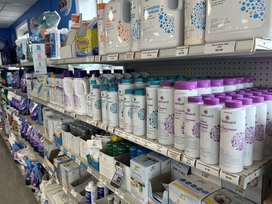 Shelves full of chemicals.