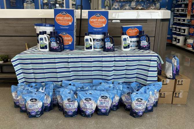 Various pool and spa chemicals arranged nicely for a store.
