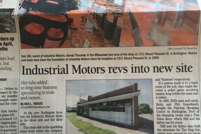 News article about industrial electric motors moving to their second shop.
