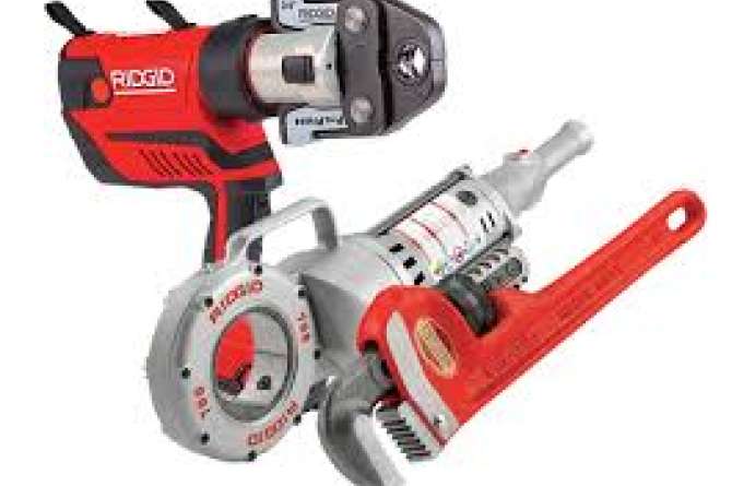 A collection of ridgid power tools.
