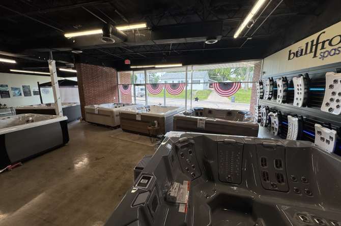 Industrial Motors showroom image showcasing various spas.