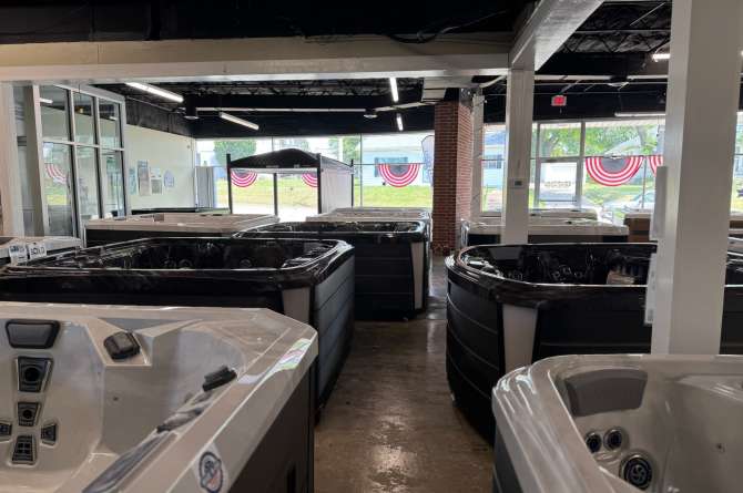 Industrial Motors showroom image showcasing various spas.
