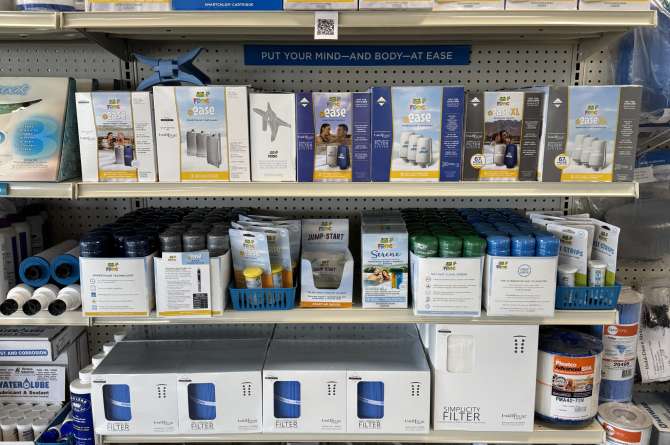 A selection of spa chemicals on shelves